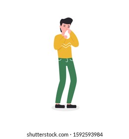 Guy with cold symptom runny nose. Flat vector cartoon character isolated white background.