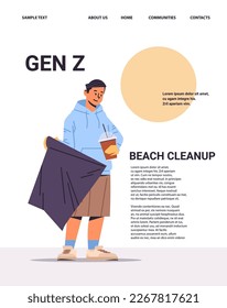 tipo recolectando basura en bolsas de limpieza de playa generación Z concepto de estilo de vida nueva tendencia demográfica con gen progresivo joven