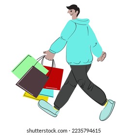 Guy comes from the store, he has shopping bags in his hand. A bright cartoon-style illustration. Vector illustration