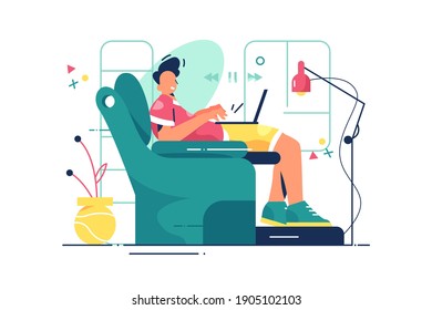 Guy in comfortable chair vector illustration. Man relaxing in comfy chair with laptop flat style. Leisure and modern technology concept. Isolated on white background