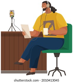 Guy communicates with friends via video call. People communcate via Internet. Man in headphones talking using phone online. Male character recording video, online podcast, broadcast on smartphone