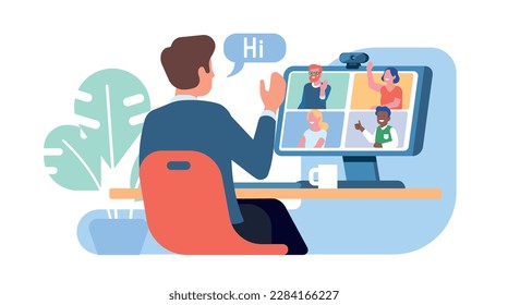 Guy is communicating with group of colleagues participating in video conference. Man sitting at table. Remote communication at home or office. Digital internet technology