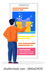 Guy communicating with the sellers and chooses a gift for the holiday in the application on his smartphone. Online edits. Process of choosing and buying presents via the Internet. Man looks at screen