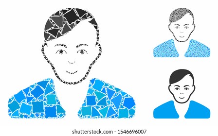 Guy composition of ragged parts in variable sizes and shades, based on guy icon. Vector raggy parts are organized into collage. Guy icons collage with dotted pattern.