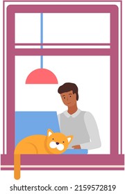 Guy with computer sitting at table at home or at office workplace, view from opened window with cat lying on windowsill. Man using website for watching video or courses, working online, freelancing