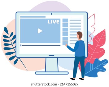 Guy with computer turns on player to view online lesson or video. Man using program for watching movie. Male character selects online tutorial on screen. Person points to video player on monitor