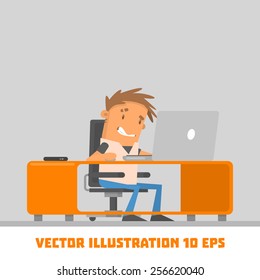 The guy at the computer. Vector illustration. Office man