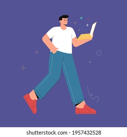 IT guy concept. Young smiling man walking and holding laptop. Vector flat cartoon illustration