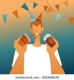 A guy in cone caps with drinks in cups drinks from two at once. Birthday, the concept of a party on the background of colored garlands. Modern flat character design.