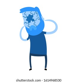 Guy confused, puzzled or thinking hard. Confusion, memory loss. Colorful flat design icon. Flat vector illustration. Isolated on white background.