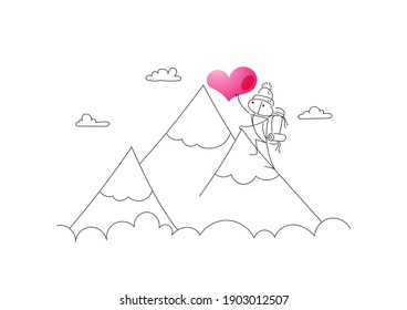 Un hombre conquista un pico de montaña por el bien del amor. Lleva un corazón rosado en sus manos. Los caracteres se crean en un estilo lineal con una línea negra. Combinado con elementos de colores vivos
