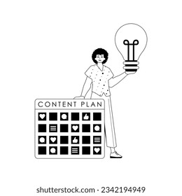 Guy , content plan and fall light bulb . capable of social network . black and white linear vogue. Trendy style, Vector Illustration