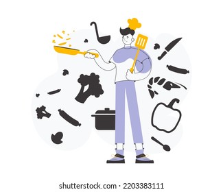 El cocinero sostiene una sartén. Arte de línea de moda. Ilustración vectorial.