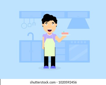 The guy is cooking food, smiling, holding a cake, vector image