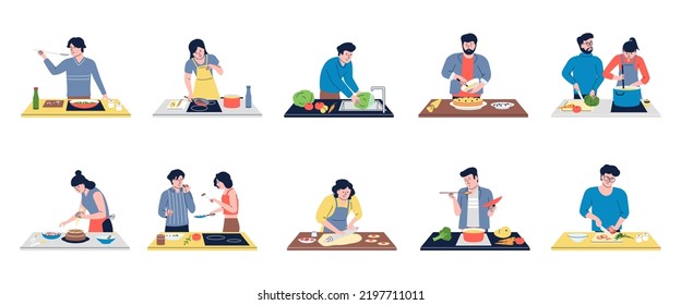 Guy cooking on home kitchen with cookware. Person cook dinner and bake, food preparation. People catering meals, healthy salad and bakery, recent vector scenes