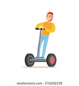 Guy With Cool Haircut In Yellow Sweater Riding Electric Self-Balancing Battery Powered Personal Electric Scooter Cartoon Character