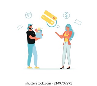 Guy courier giving package pills cosmetics to beautiful woman. Online order, electronic payment and delivery service