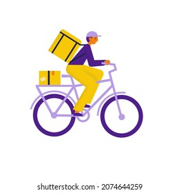 Un mensajero de tipo en una bicicleta con una caja de paquetes en la espalda. Envases de transporte para el repartidor de bicicletas. Transporte ecológico de la ciudad. Ilustración vectorial plana