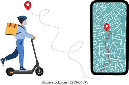 Guy courier on electric scooter, online delivery, online order tracking, home and office delivery. Modern lifestyle, technology. Eco transport for urban lifestyle. can be rented for a fast ride.