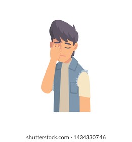 Guy Covering His Face with Hand, Fashionable Teen Boy Making Facepalm Gesture, Shame, Headache, Disappointment, Negative Emotion Vector Illustration