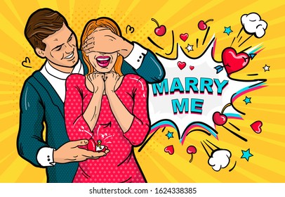 The guy covers the girl's face. Girl with open mouth. Romance emotional Surprise. The guy offers the girl to marry him. Pop art style. Vector comic illustration speech bubble. Date