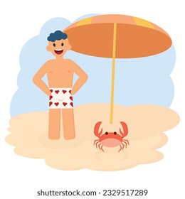 The guy with the crab on the beach. Summer. Heat. Vector.