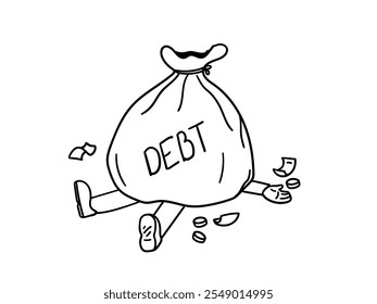 A guy crushed under a sack of money, in debt concept doodle illustration