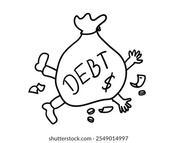 A guy crushed under a sack of money, in debt concept doodle illustration