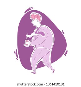 The guy with a cup of coffee. Coffee time. Cartoon contour drawing in a vector.