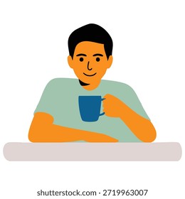 Tipo con una taza en sus manos en la pausa de té de la mesa