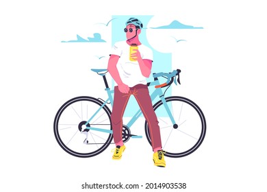 Guy cyclist drink cooling beverage vector illustration. Ride alone, fun hobby flat style. Cycling in nature, outdoor activity, sport concept