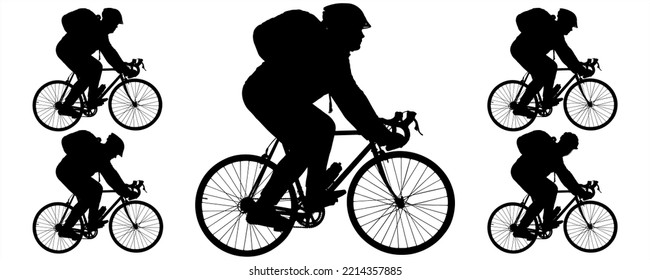 A guy cyclist riding a bicycle in a sports helmet and with a backpack on his back. Sport. Sport competitions. Bicycle tourism. Side view, profile. Five black male silhouettes isolated on white