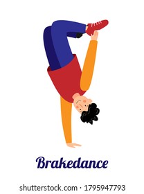 El tipo está bailando frenesí. Tarjeta vectorial con bailarina. Danza callejera. El chico va a los deportes.