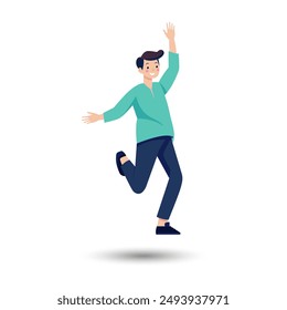 The guy is dancing in delight with his hands in the air. A simple vector illustration of a cartoon-style man on a white background.