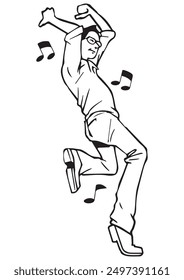 A guy dancing with funny body gesture.  Illustration in black and white and vector format.