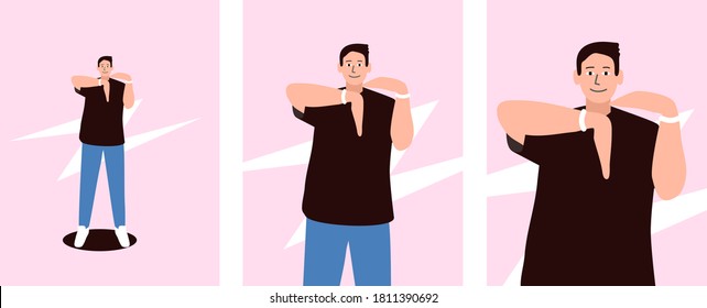 Guy dancing king-tut, vector illustration. A kind of upper breakdance. Robotic arm movements. Happy face in the dance.