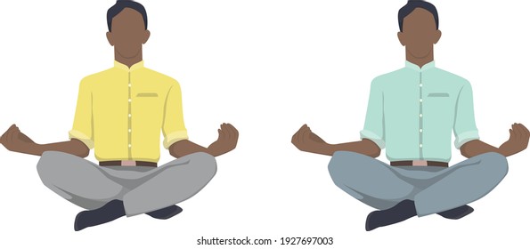 A guy with dark skin is meditating. Office worker is resting. Balance of life. The man in a suit. Bloody vector illustration isolated on white background.