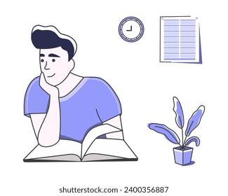 A guy daydreaming while reading his book.  Creating a new project. Creative work. Developing a program. Online. Education. Hobbies. Entertainment. Simple style. 