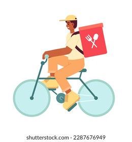 Guy delivering prepared meals in backpack on bicycle semi flat colorful vector character. Editable full body person on white. Simple cartoon spot illustration for web graphic design and animation