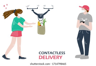 the guy delivers food using a drone. food delivery. the girl and the guy