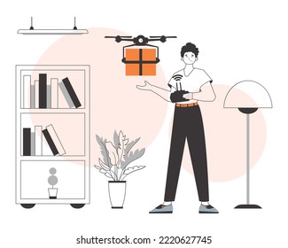 The guy delivers the package by drone. The concept of cargo delivery by air. Linear style.