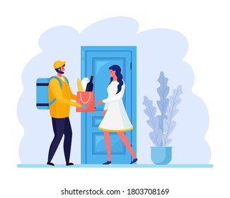 Guy delivers parcel to home door. Fast delivery service. Woman receives order food bag from the courier. Express shipping. Vectoor cartoon design