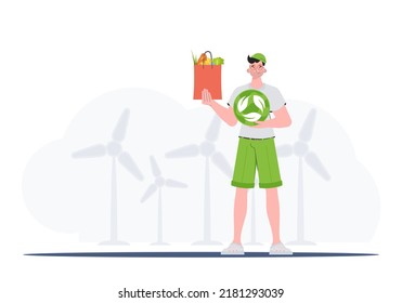 The guy is depicted in full growth holding an EKO icon and a package with proper nutrition. The concept of ecology, zero waste and healthy eating. Trend style, vector illustration.