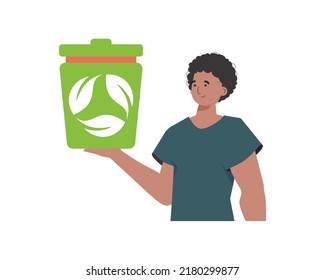 The guy is depicted to the waist and holds an urn in his hands. The concept of ecology and recycling. Isolated on white background. Vector illustration Flat trendy style.