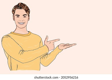  A guy direct finger empty space demonstrate hand wear deer ornament pullover isolated background