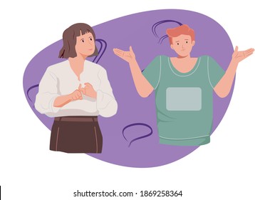 el tipo no entiende lo que la chica quiere decirle, la joven y el tipo se comunican en lenguaje de señas, sordos, falta de audición, emociones, ilustración vectorial plana