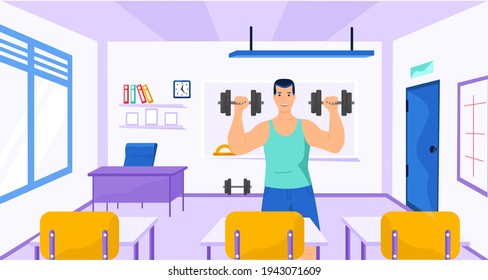 Guy does sports and maintains healthy lifestyle in school. Athlete lifts heavy dumbbells in class