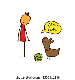 guy, dog, ball, inscription let's play, simple cartoon illustration