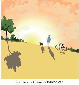 a guy with a dog and a bike watch the sunset. summer warm atmosphere. field, tree and bushes. gentle evening sky