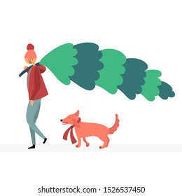 A guy with a dog bought a Christmas tree. Buying wood in the market. Bazaar Christmas sale. Walk with your pet. Vector editable illustration